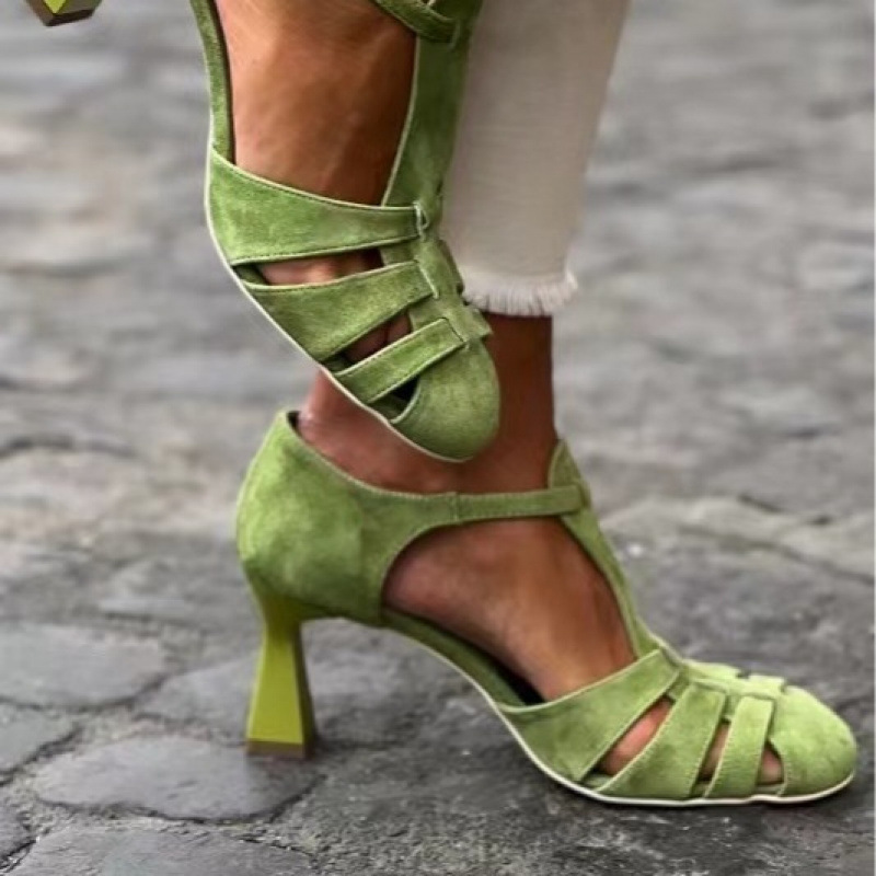 Summer Clothing Dress - Dames Groene Suède Kitten Heel T-Strap