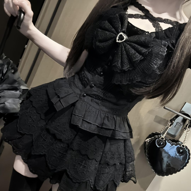 Summer Goth Clothing - Japanse Retro Bow Slim Puff Sleeve